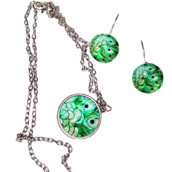 SET of 2: Peacock Earrings and Necklace - Picture 1 of 10